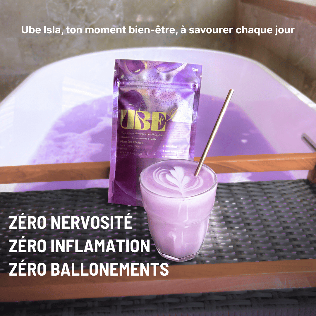 Ube latte ube isla alternative café matcha latte poudre ubé naturelle ube bio purple yam latte mauve boisson violette ube-latte-poudre poudre d’ube naturelle pour latte violet Ube Isla