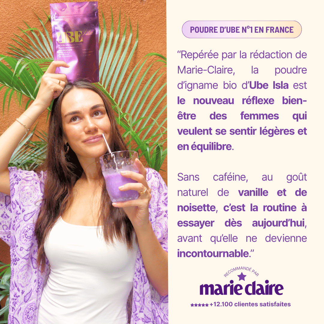 Ube latte ube isla alternative café matcha latte poudre ubé naturelle ube bio purple yam latte mauve boisson violette ube-latte-poudre poudre d’ube naturelle pour latte violet Ube Isla