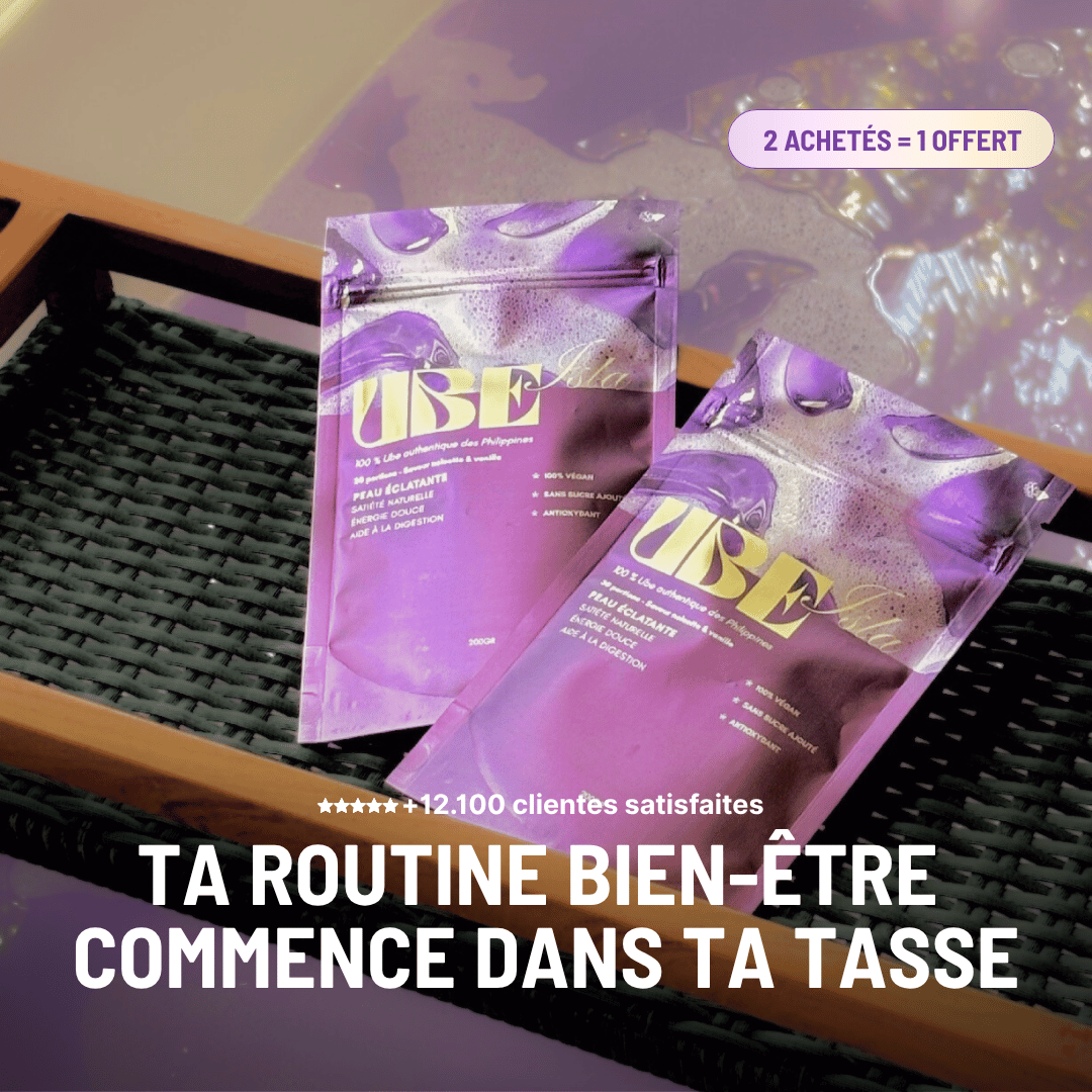 Ube latte ube isla alternative café matcha latte poudre ubé naturelle ube bio purple yam latte mauve boisson violette ube-latte-poudre poudre d’ube naturelle pour latte violet Ube Isla